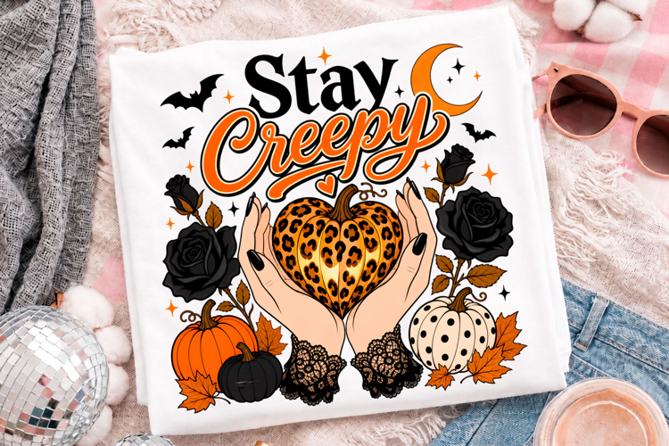Stay Creepy Halloween Hands Holding Leopard Pumpkin