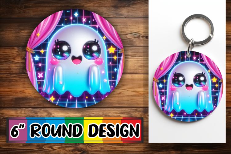 Whimsical Round Keychain Sublimation PNG, 3D Cute Ghost