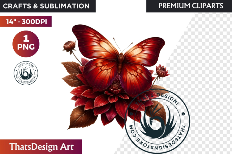 Autumn Butterfly and flower Clipart: Moody Floral PNG