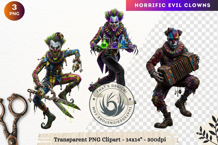 Horrific Evil Clown Clipart - Creepy Circus PNG Graphics
