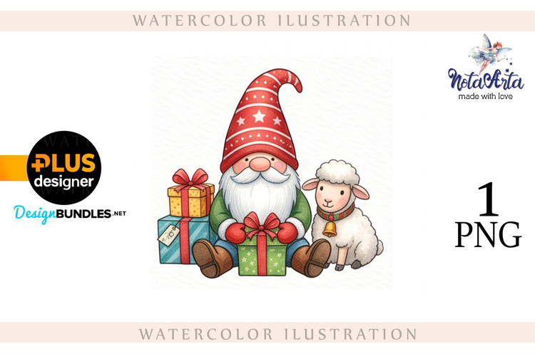 Christmas Gnome Santa with a Sheep in Watercolor Style