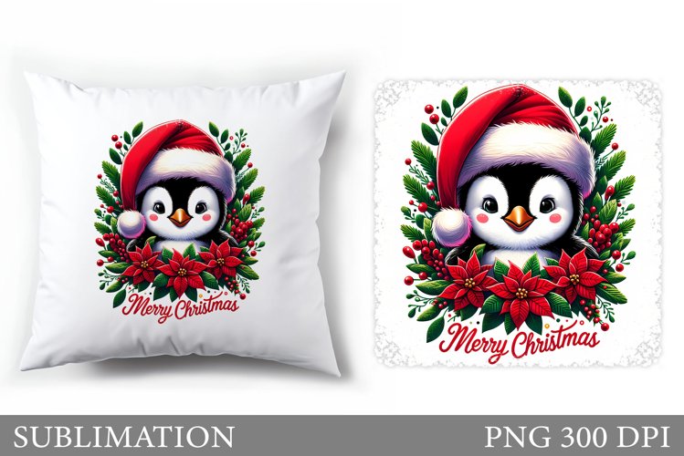 Cute Penguin Pillow Design. Christmas Pillow Sublimation example image 1
