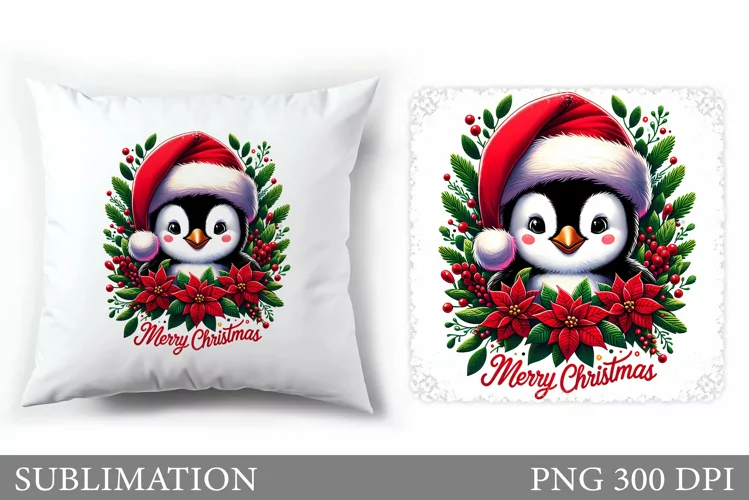 Cute Penguin Pillow Design. Christmas Pillow Sublimation