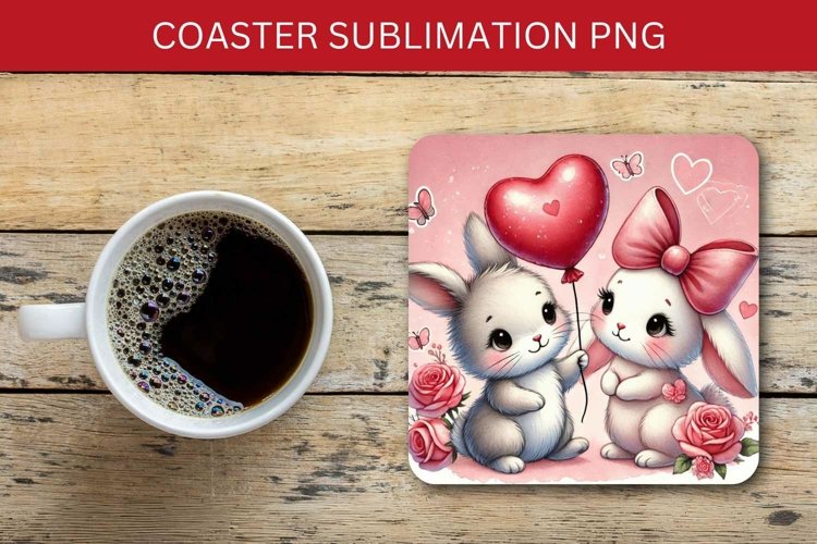 valentine square coaster - rabbit bunny couple example image 1
