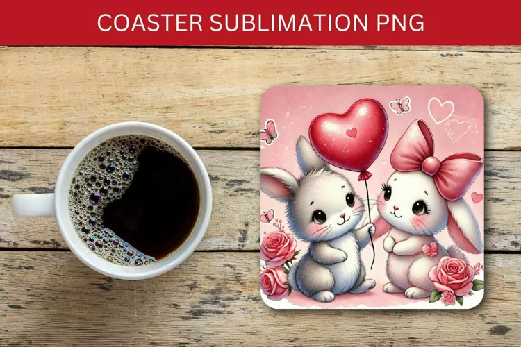 valentine square coaster - rabbit bunny couple