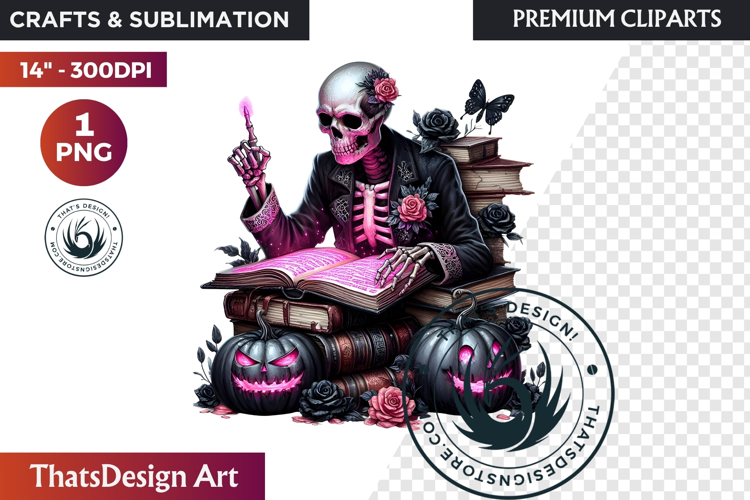 Pink & Black Gothic Halloween Skeleton Clipart PNG, Skull