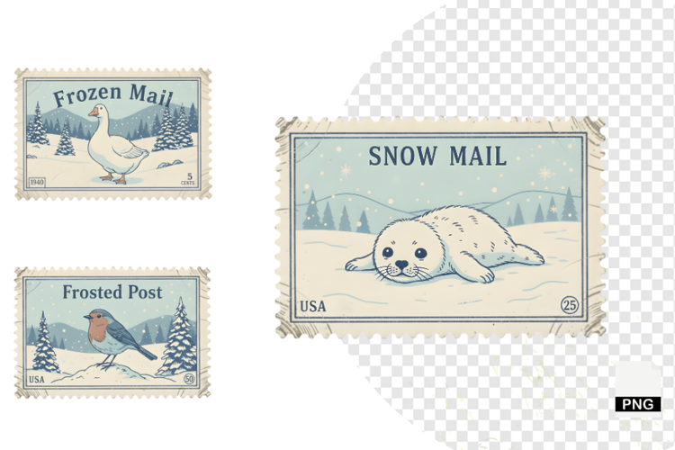 Vintage Winter Postage Stamps Clipart