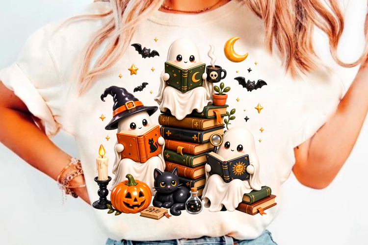 Cute Halloween ghost reading books with witch hat, cat and s