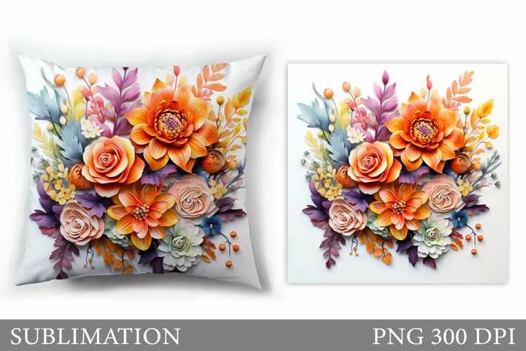 3D Flowers Pillow Design. Flowers Sublimation