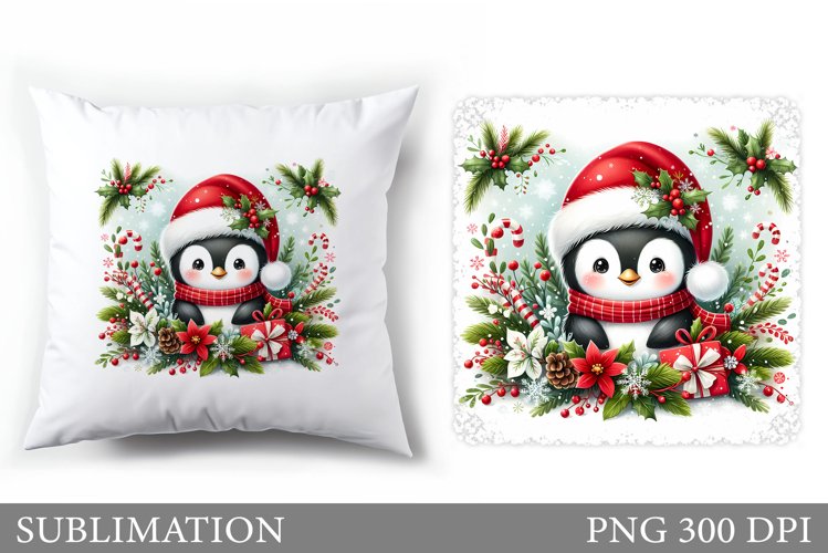 Cute Penguin Pillow Design. Christmas Pillow Sublimation example image 1