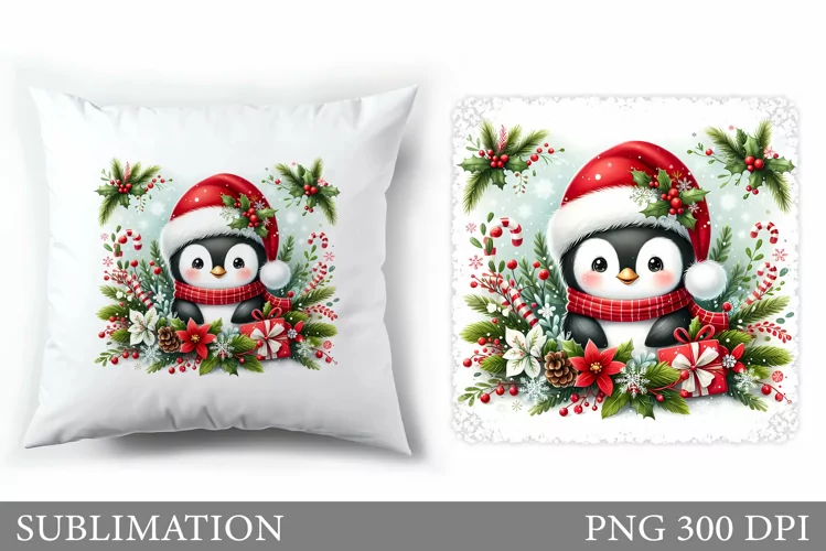 Cute Penguin Pillow Design. Christmas Pillow Sublimation