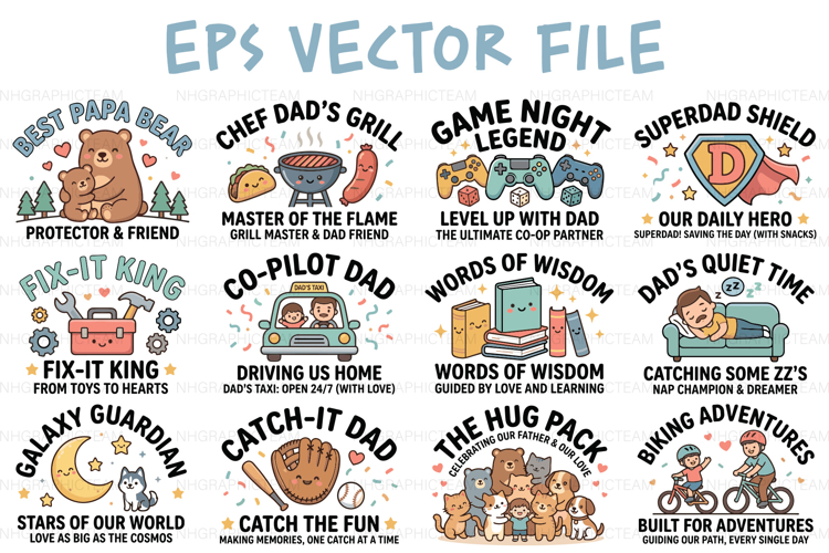 Cute Fathers Day Dad Kawaii Badge T-Shirt Design Bundle EPS