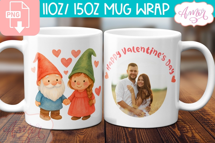 Valentines Photo Mug Wrap template, Cute gnomes PNG