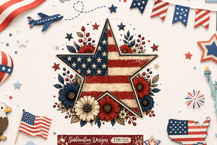 American Flag Star Floral Sublimation PNG