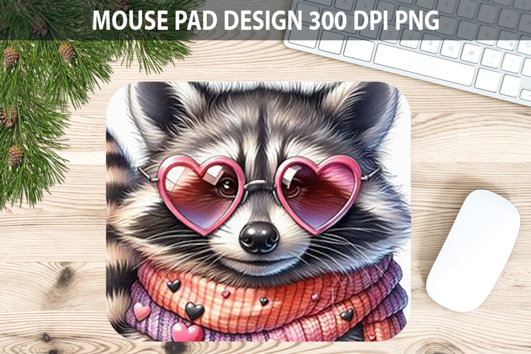 Watercolor Raccoon Mouse Pad Sublimation - Valentines PNG
