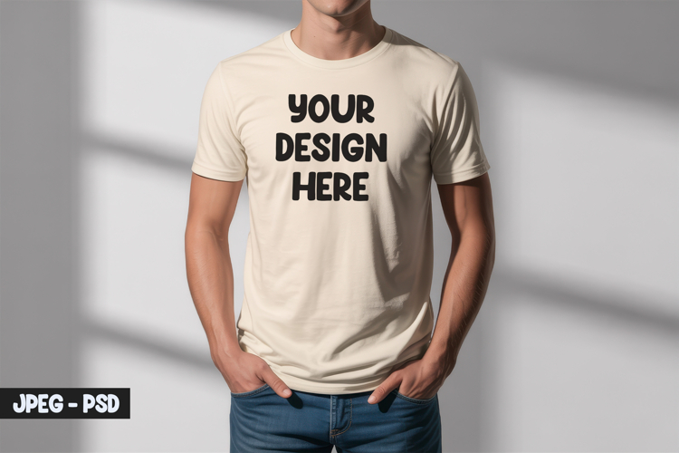 Cream T-Shirt PSD Mockup on Model