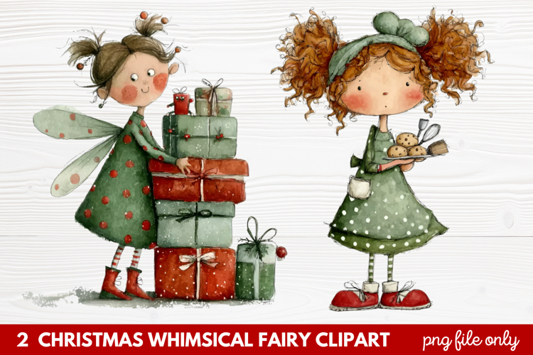 2 Christmas Whimsical Fairy Clipart | Cute Holiday Fairies