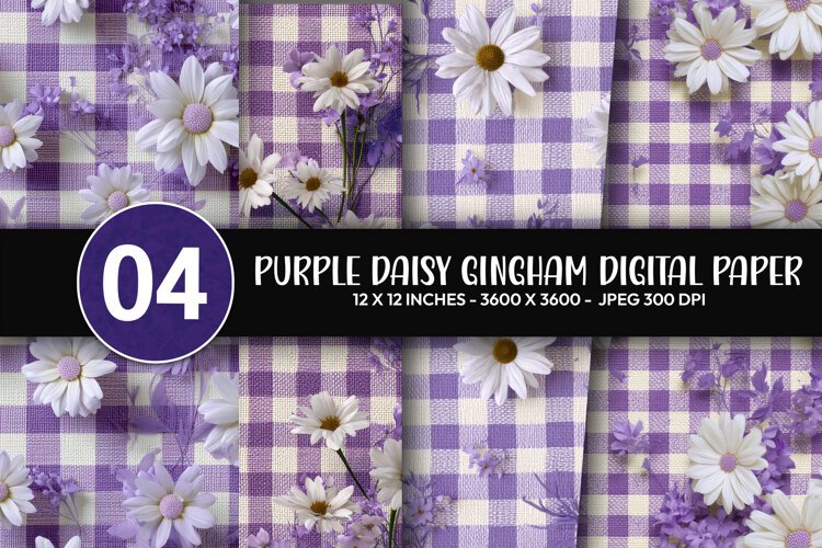 Purple Daisy Gingham Digital Paper example image 1