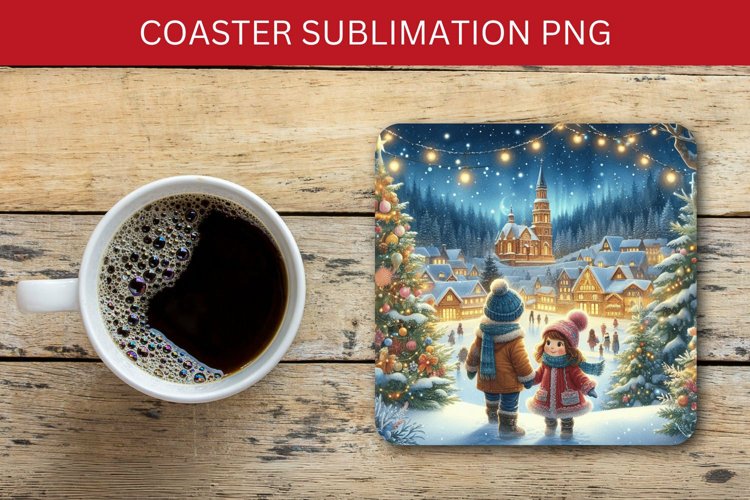 square coaster - christmas village with children example image 1