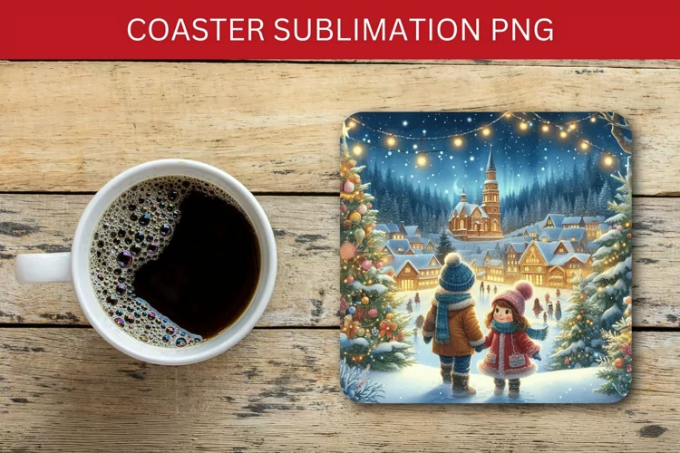 square coaster - christmas village with children