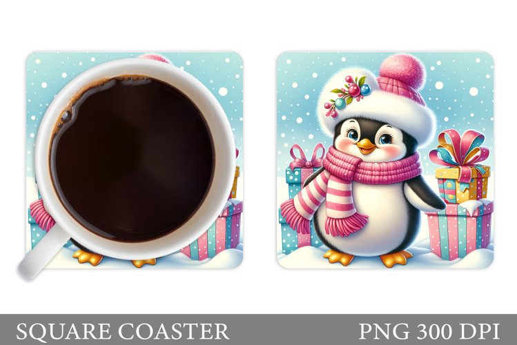 Cute Penguin Coaster Design. Christmas Coaster Sublimation example image 1