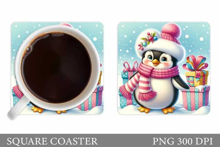 Cute Penguin Coaster Design. Christmas Coaster Sublimation