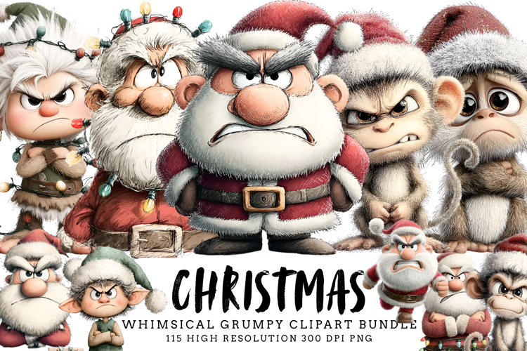 Whimsical Grumpy Christmas Clipart Bundle | Funny Holiday