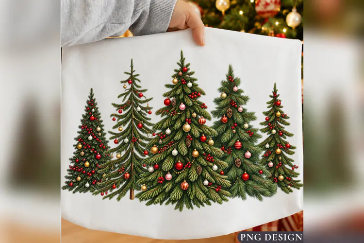 Christmas Tree Forest PNG, Decorated Evergreen Holiday