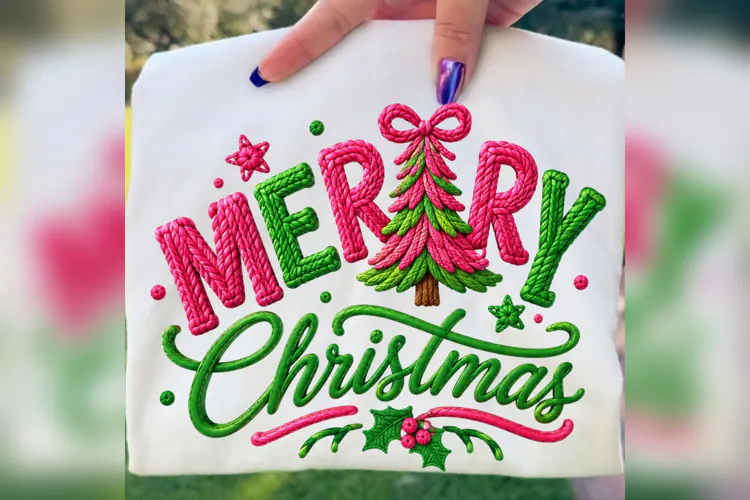Merry Christmas PNG, Knitted Yarn Christmas Tree Design