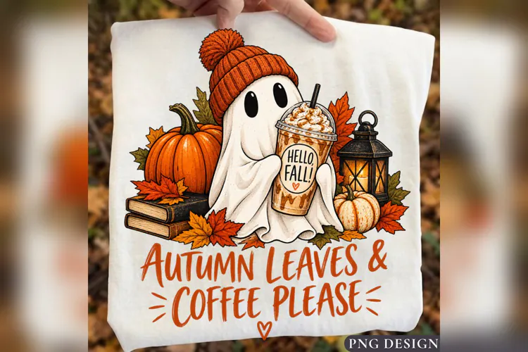 Autumn Leaves Coffee Ghost PNG, Cute Fall Pumpkin Mug Design