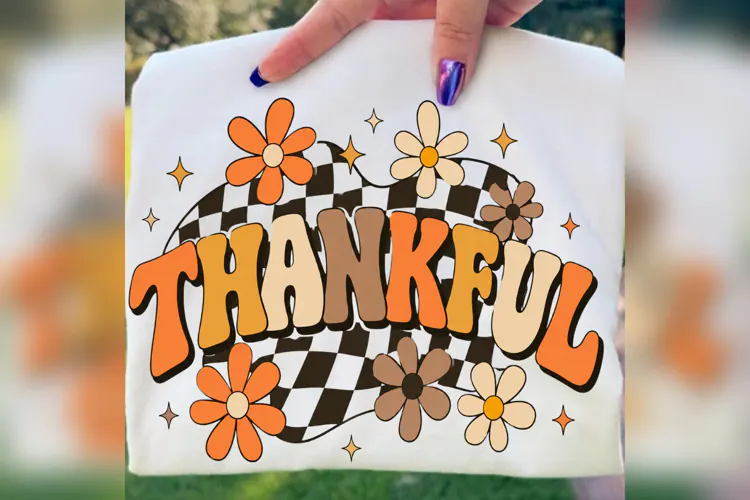 Thankful PNG, Retro Checkered Fall Design, Groovy Autumn
