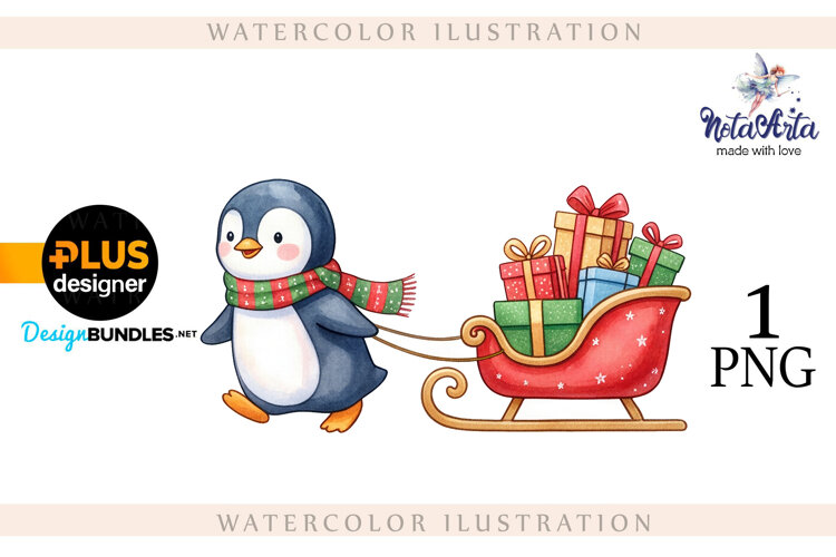 Christmas Penguins in Watercolor Style example image 1