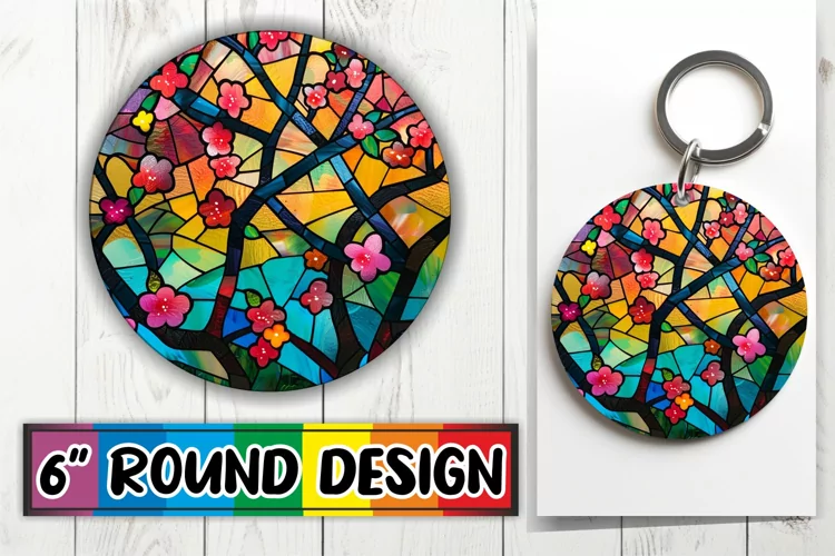 Stained Glass Tree Round Design Keychain Colorful Art