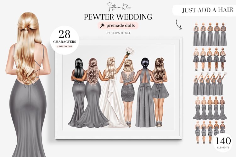 Pewter Wedding Clipart, Grey Bridesmaids Clipart