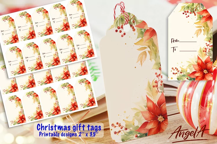 Christmas printable gift tag, red poinsettia, papyrus, holly