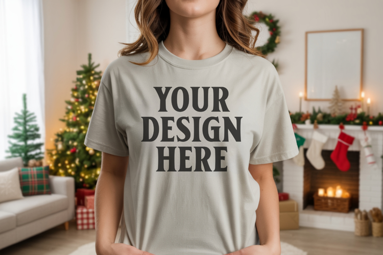 Comfort Colors 1717 Grey Christmas T-Shirt Mockup, Boho