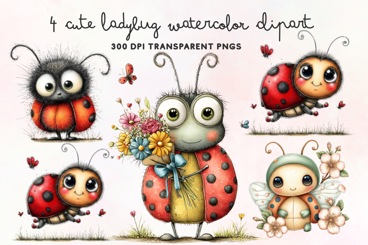 Cute Ladybug Watercolor Clipart PNG