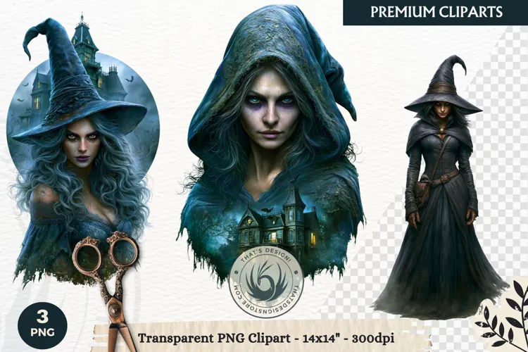 Dark Fantasy Halloween Witches Clipart PNG sublimation