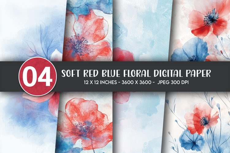 Soft Red Blue Floral Digital Paper