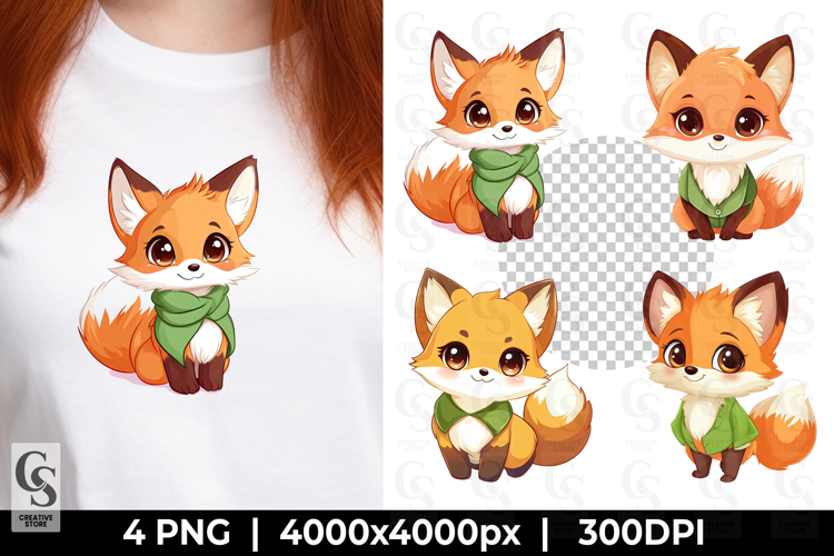 Cute Fox in Scarf Kawaii Animal Clipart Sublimation PNG