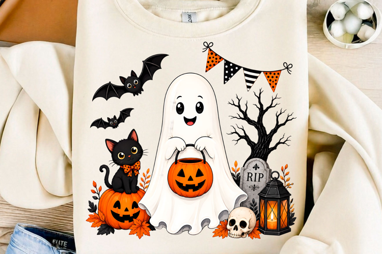 Cute Trick Or Treat Ghost Black Cat PNG Halloween Sublimat