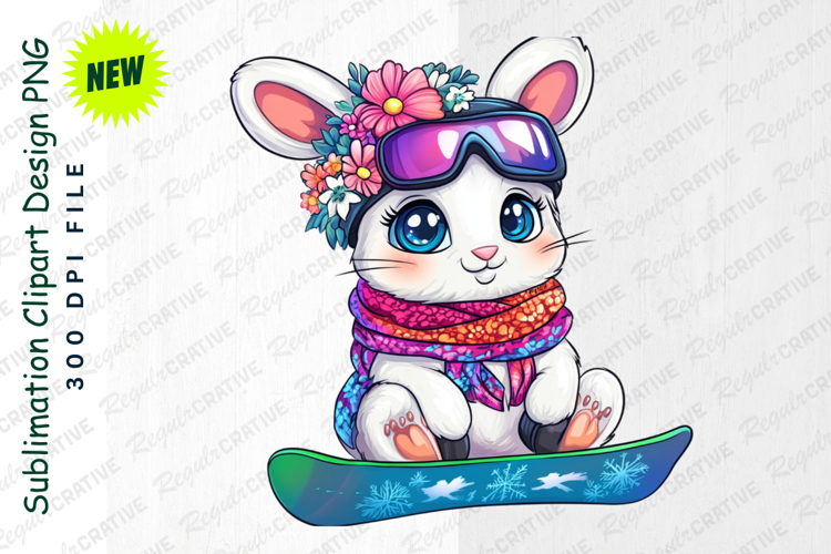 Cute Cartoon Bunny Snowboarder Wearing Flowers Scarf Clipart