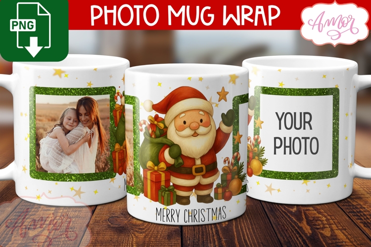 Merry Christmas photo mug wrap PNG, Santa mug template png