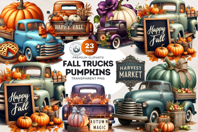 Fall Trucks with Pumpkins PNG, Vintage Farmhouse Autumn