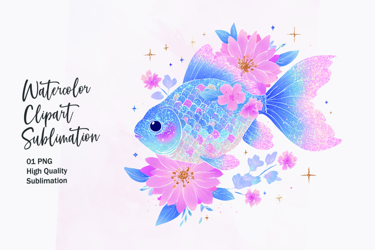 Blue Fish with Flower Crown Watercolor Clipart Sublimation
