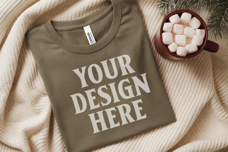 Christmas Bella Canvas 3001 Heather Olive Folded Tshirt Mock example image 1