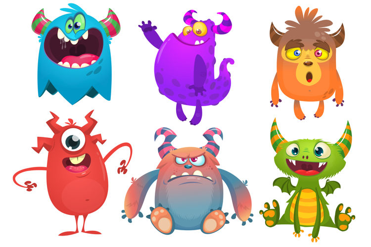 Happy cartoon monsters set with different face expressions