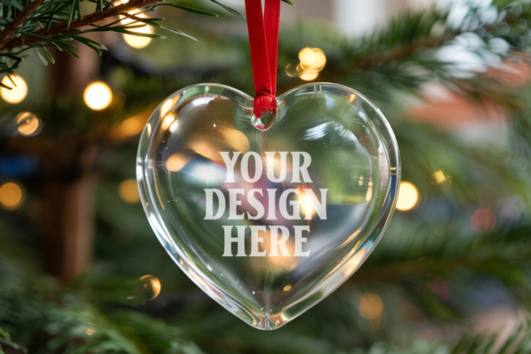Christmas Heart Crystal Glass Ornament Mockup | Clear Heart