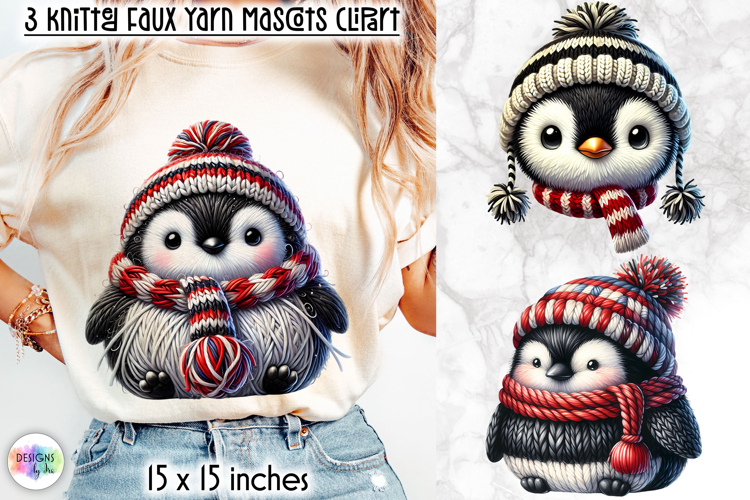 Knitted Baby Penguin Clipart, Faux Yarn Plush Penguin Mascot