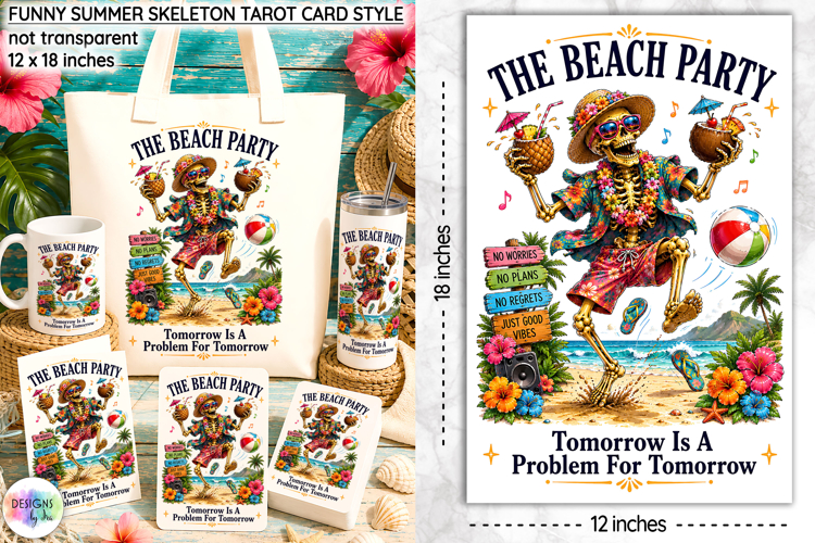 Funny Summer Skeleton Tarot Card Design, Beach Party Print